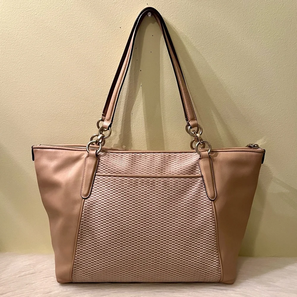 Coach Ava Legacy Jacquard Checkered Smooth Leather Color-Block Tote Bag